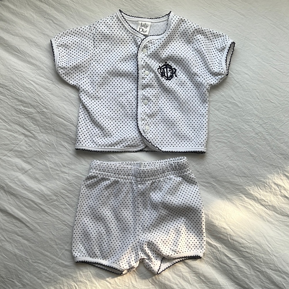 Baby DIOR 2pc Set Navy Polka Dot Monogram Scallop Trim Top and Shorts 3/6M